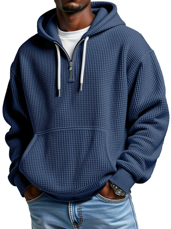 Men's Casual Solid Color Waffle Zipper  Sleeve Hooded Sweatshirt