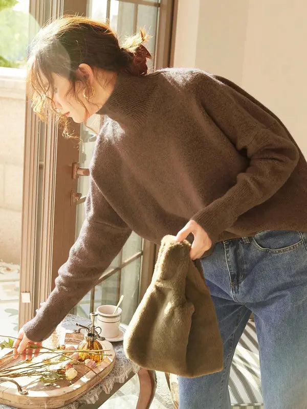 Autumn Winter Women's Sweater, High Neck Loose Casual French Style Knitwear, Elegant Simple Solid Color Pullover, Long Sleeve Knit Top