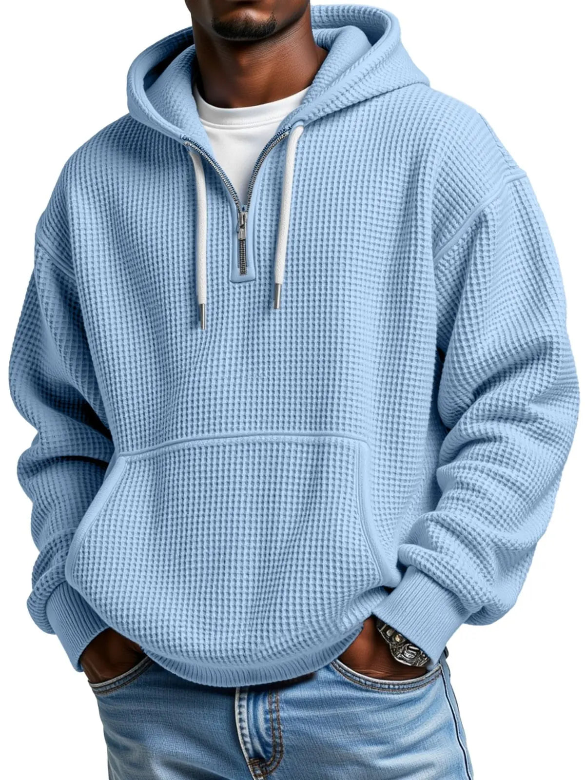 Men's Casual Solid Color Waffle Zipper  Sleeve Hooded Sweatshirt