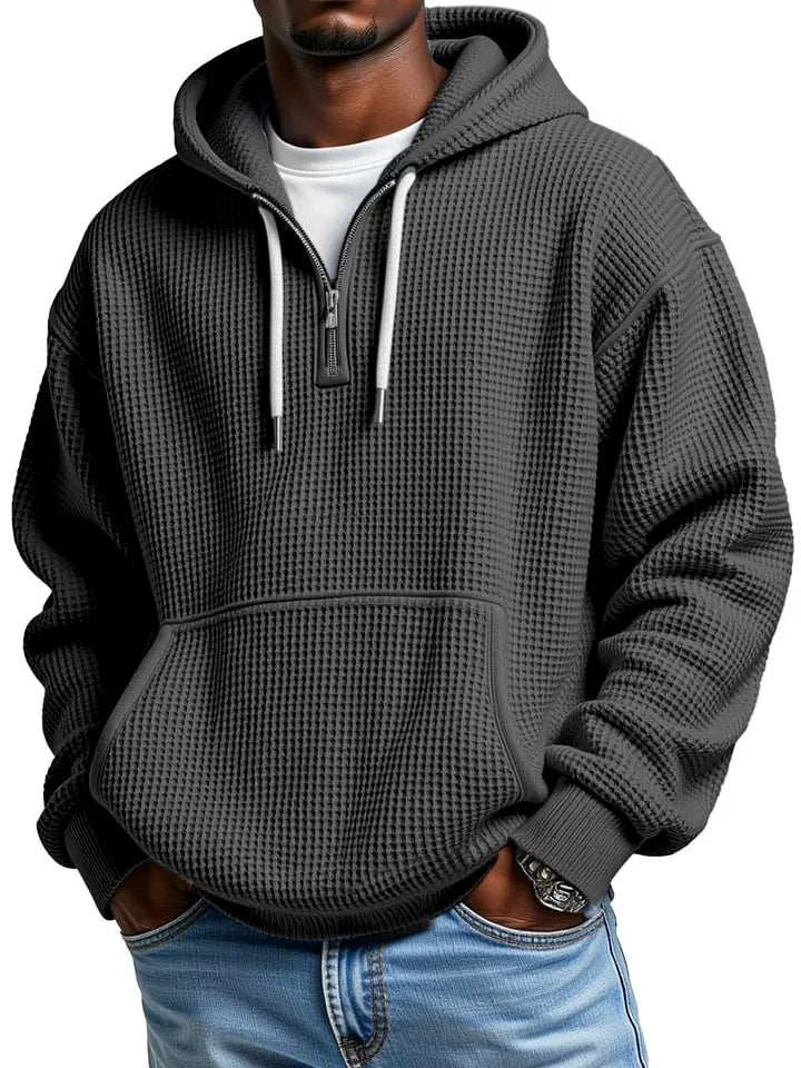 Men's Casual Solid Color Waffle Zipper  Sleeve Hooded Sweatshirt
