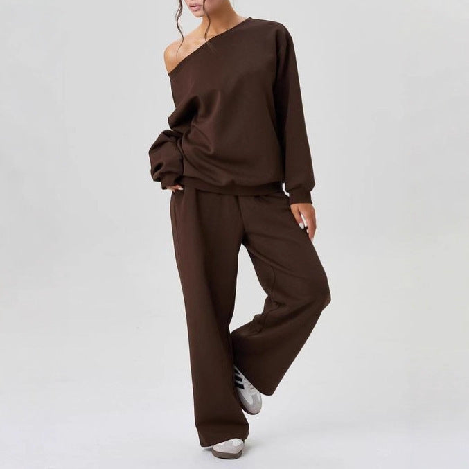 Women's casual solid color off-the-shoulder long-sleeved set
