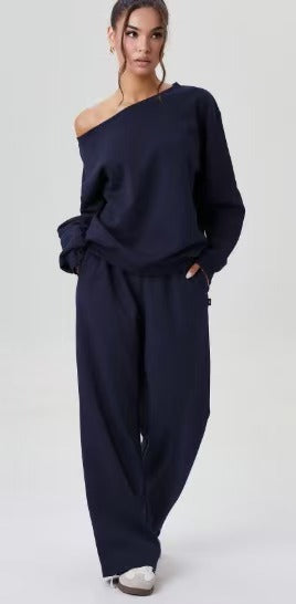 Women's casual solid color off-the-shoulder long-sleeved set