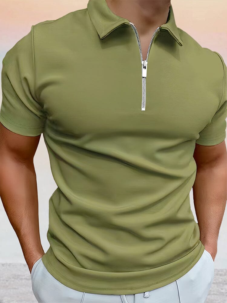 Zipper Solid Short Sleeve Polo Shirt