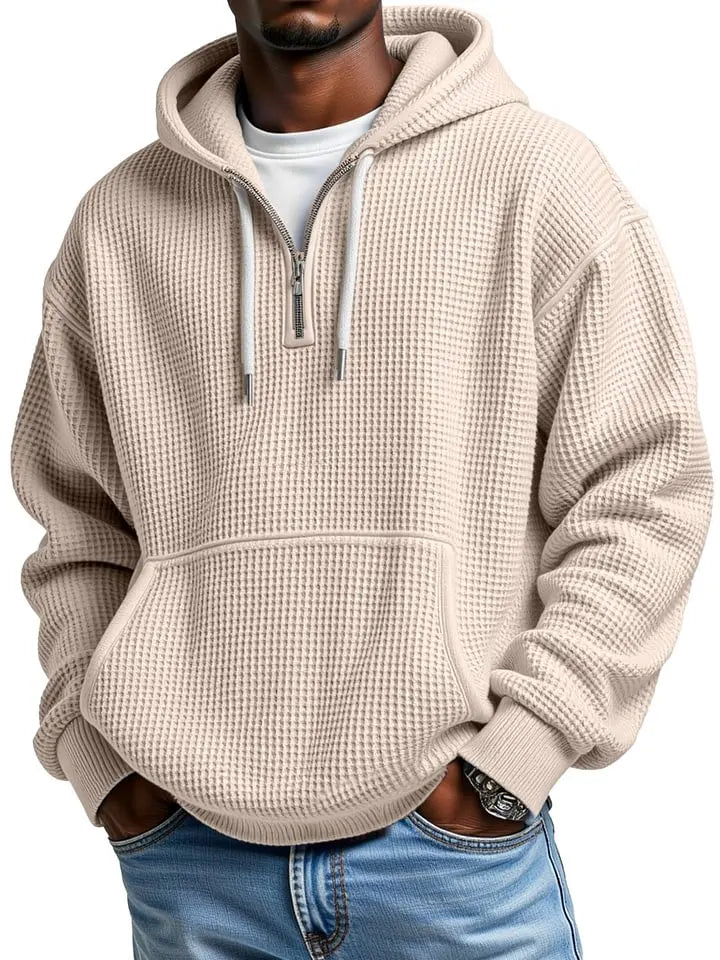 Men's Casual Solid Color Waffle Zipper  Sleeve Hooded Sweatshirt