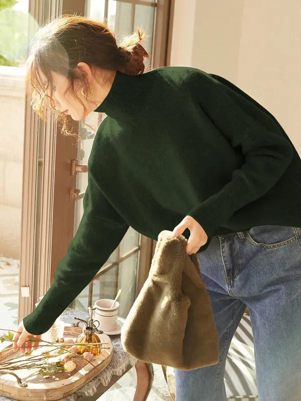 Autumn Winter Women's Sweater, High Neck Loose Casual French Style Knitwear, Elegant Simple Solid Color Pullover, Long Sleeve Knit Top